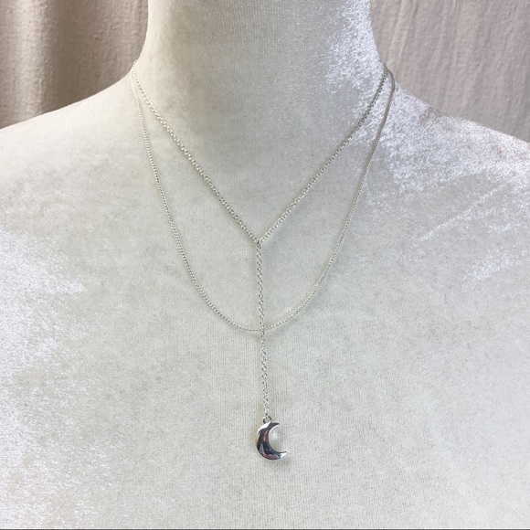 Silver Double Strand Crescent Moon Y Necklace - Picture 1 of 6